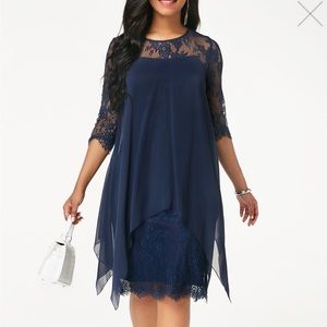 ROTITA Three Quarter Sleeve Chiffon Overlay Navy Blue Lace Dress